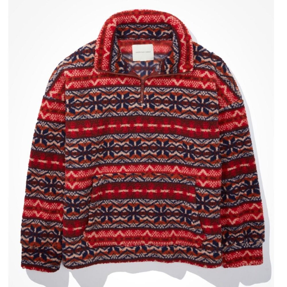 American Eagle women S Sherpa Quarter Zip Sweatshirt top shirt fair isle red tan